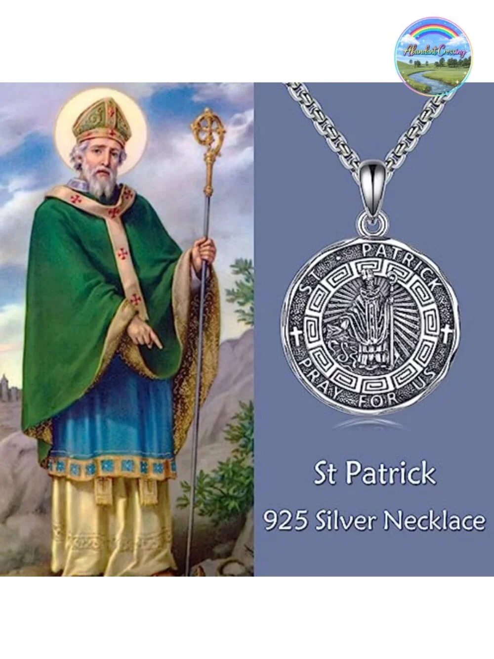 Sterling Silver Saint Patrick Pendant Necklace Men Women Religious
